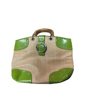 Ann Taylor Straw Wood Handled Green Accents Handbag
